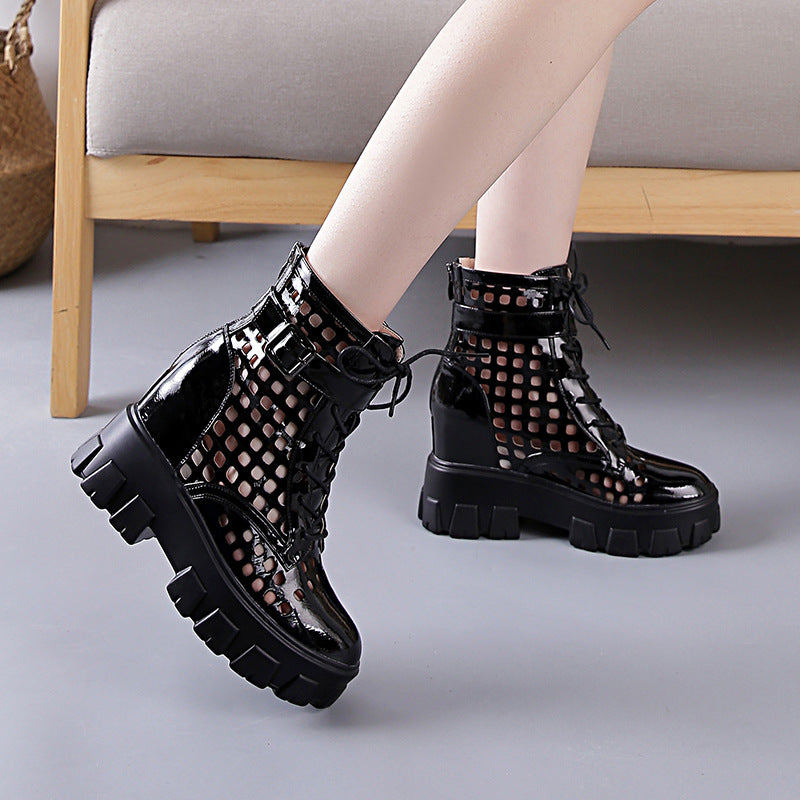 Hollow Thinner Thick-soled Inner Heightened Mid-tube Net Boots Sandals