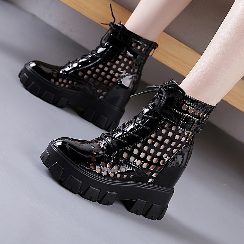 Hollow Thinner Thick-soled Inner Heightened Mid-tube Net Boots Sandals