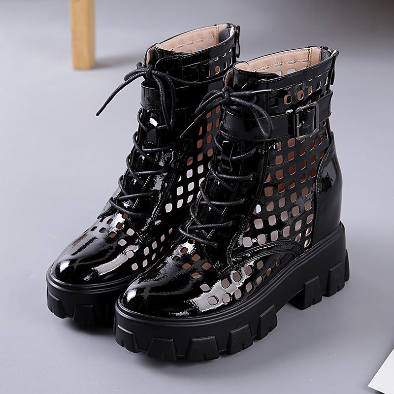 Hollow Thinner Thick-soled Inner Heightened Mid-tube Net Boots Sandals