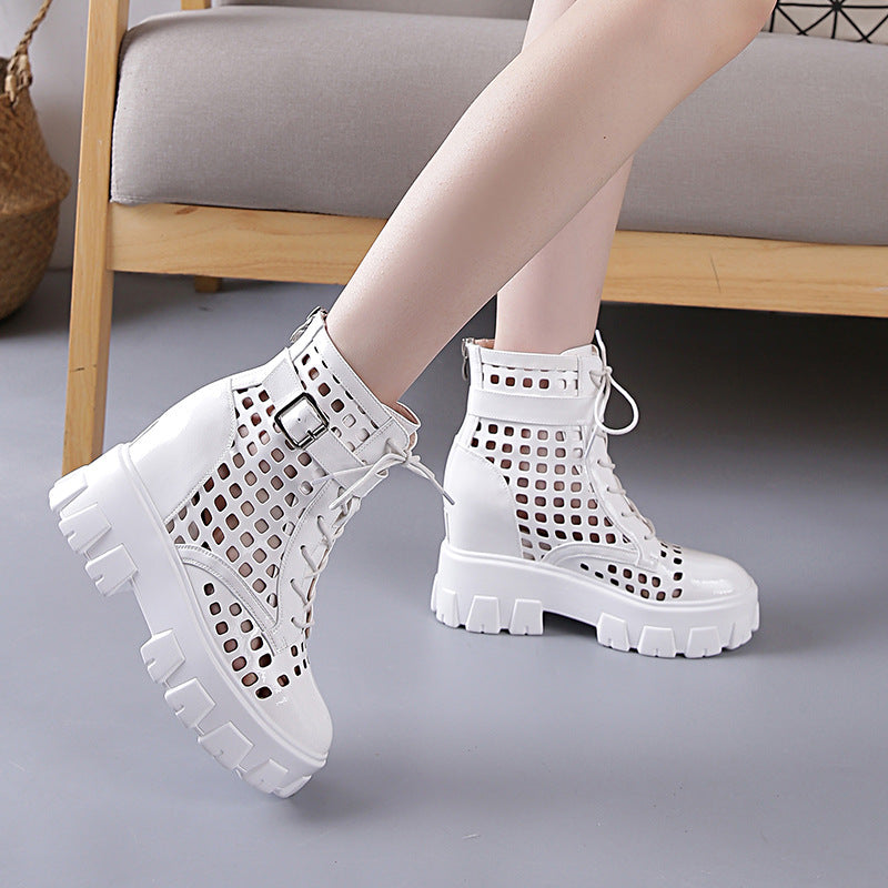 Hollow Thinner Thick-soled Inner Heightened Mid-tube Net Boots Sandals